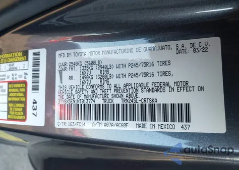 2022 Toyota Tacoma Sr5 z USA, uszkodzony, nr VIN 3TYSX5EN1NT013774
